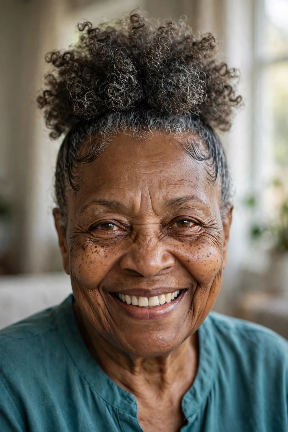 High curly puff with curls gathered on top on mature woman