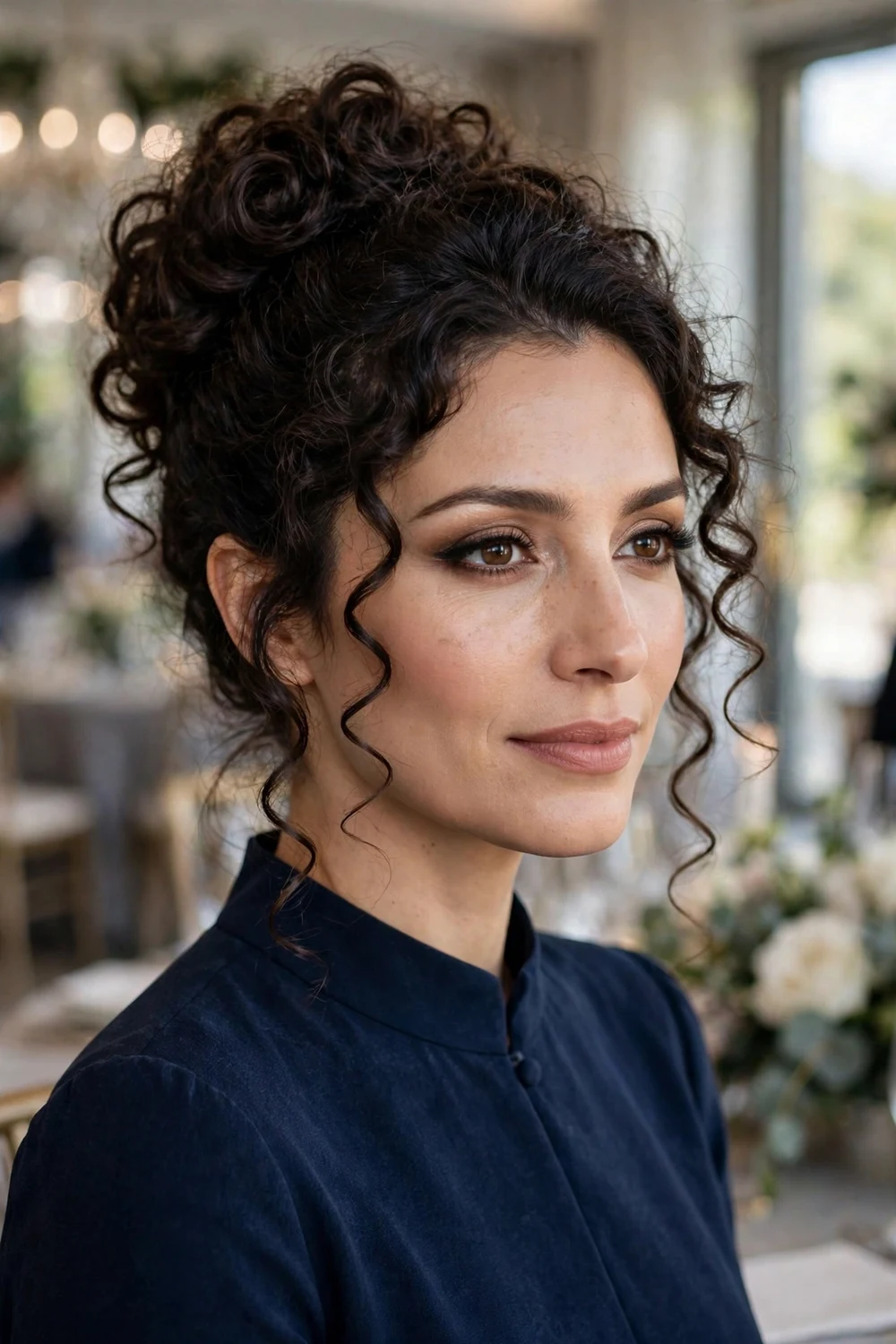 Woman with an oval face wearing a high curly updo with soft face-framing tendrils