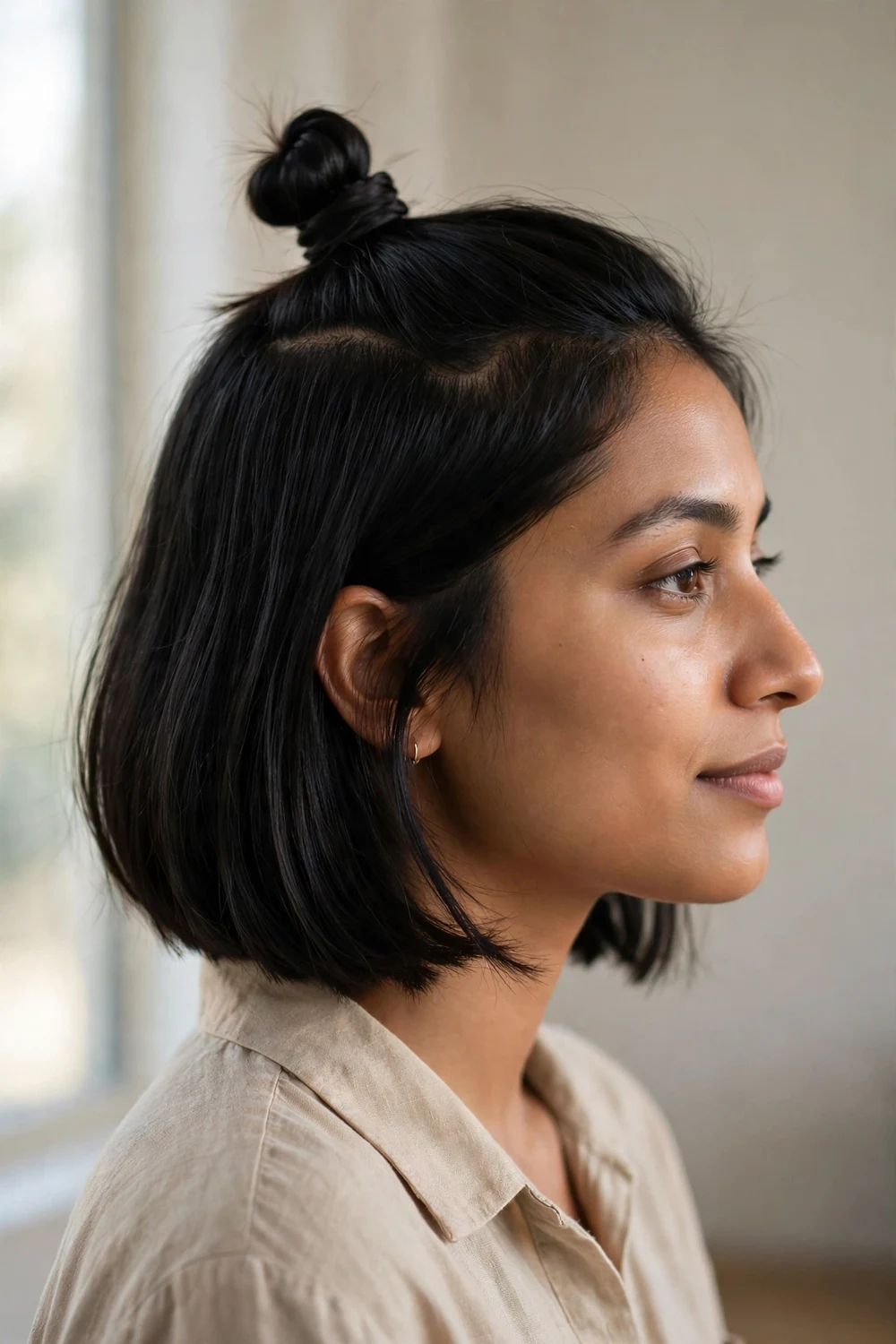 High mini top knot at the crown with the rest down on a chin length black bob