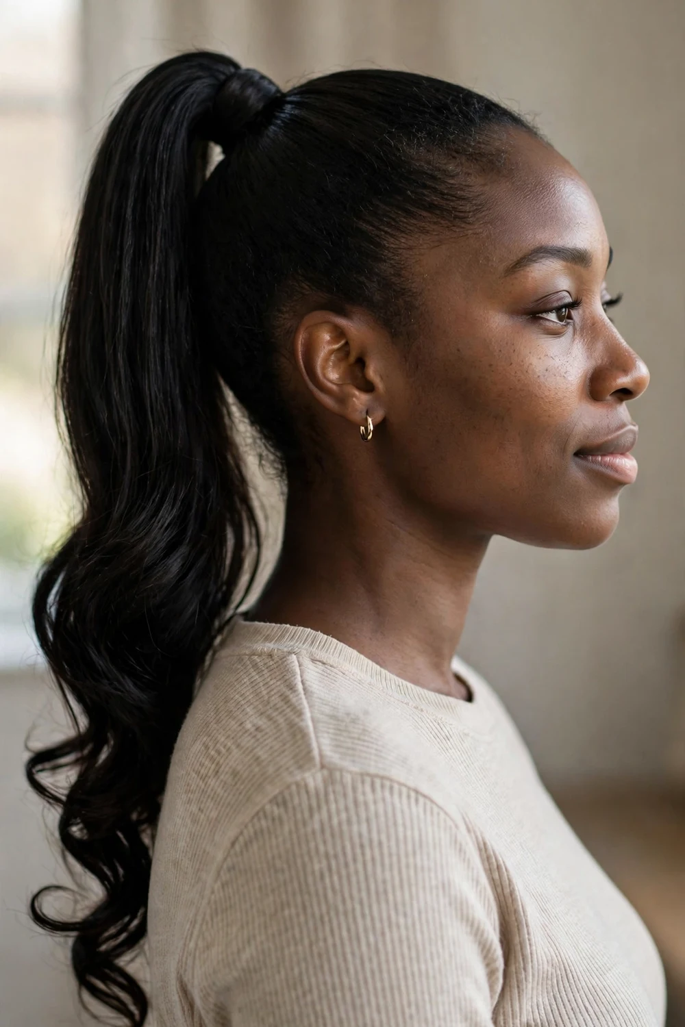 Woman with sleek high ponytail with curled ends for Christmas