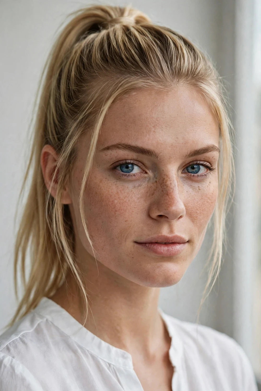 High ponytail with loose face-framing strands on a square face