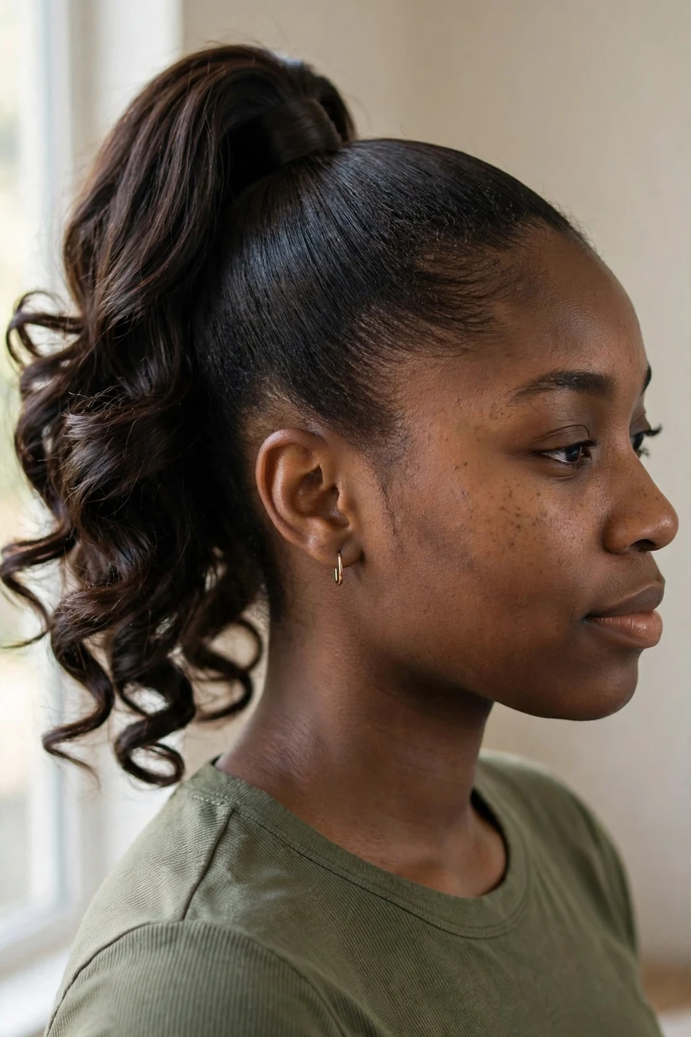 Woman with dark brown long hair in a high ponytail with curled ends