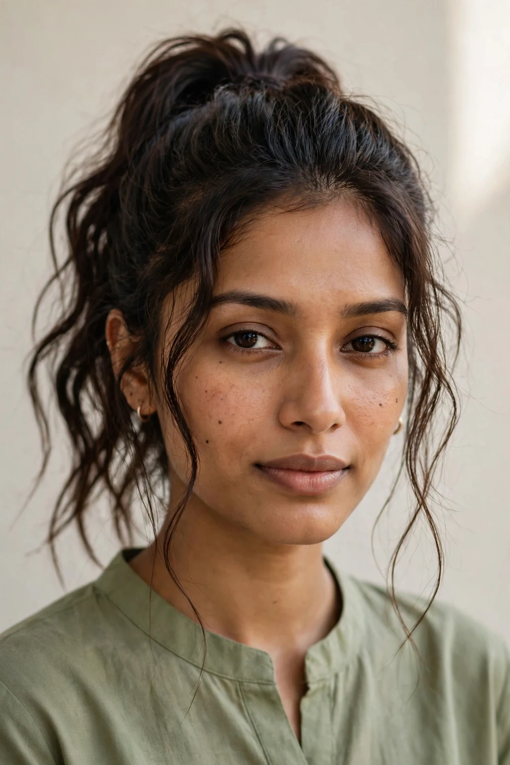 South Asian woman in her late twenties with an oblong face and long wavy dark brown hair in a high textured ponytail