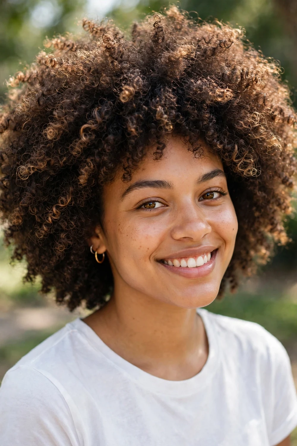 Young woman with an oval face wearing a rounded highlighted afro with caramel highlights