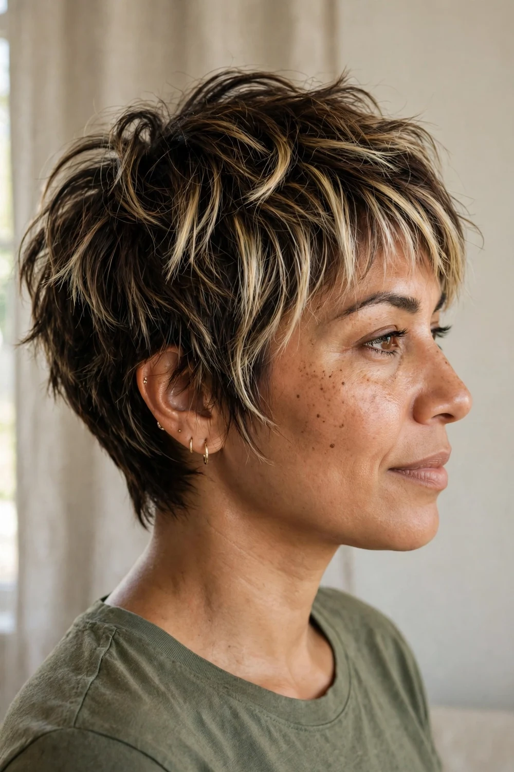 Choppy pixie with face-framing blonde balayage highlights over dark brown hair