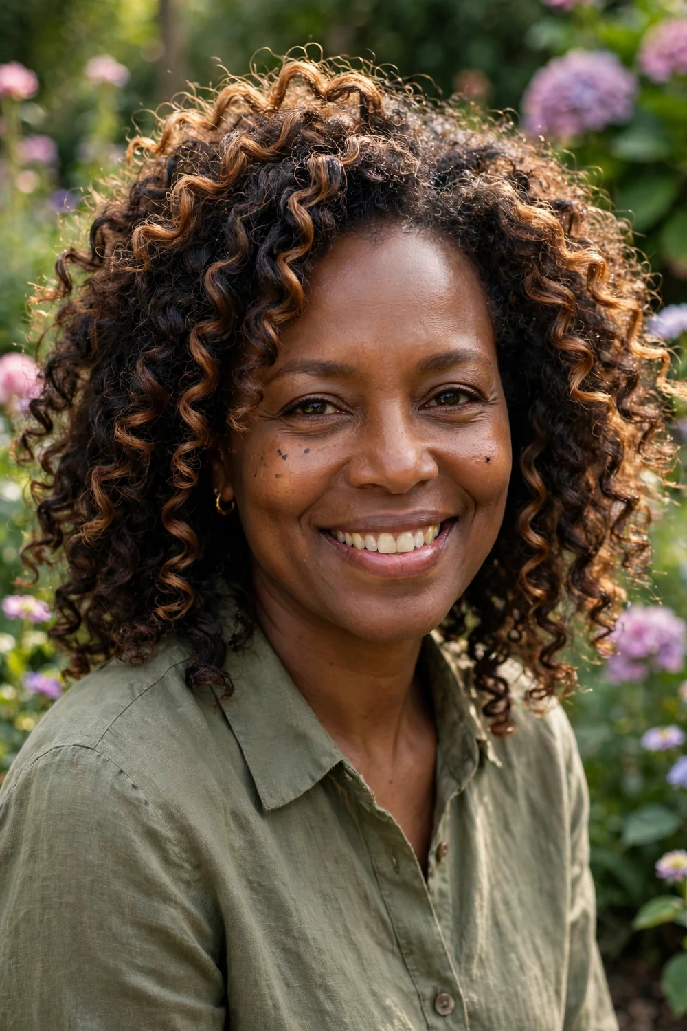 Woman with full highlights adding dimension to her curls