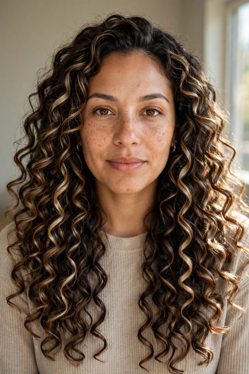 Woman with caramel highlighted dark brown hair in dimensional curls