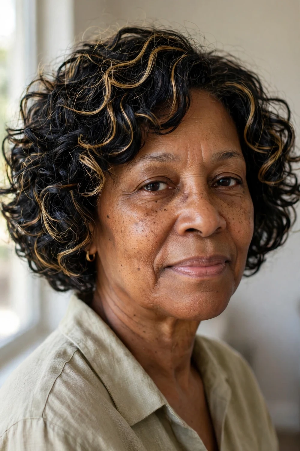 Older Black woman with a curly bob and honey blonde highlights