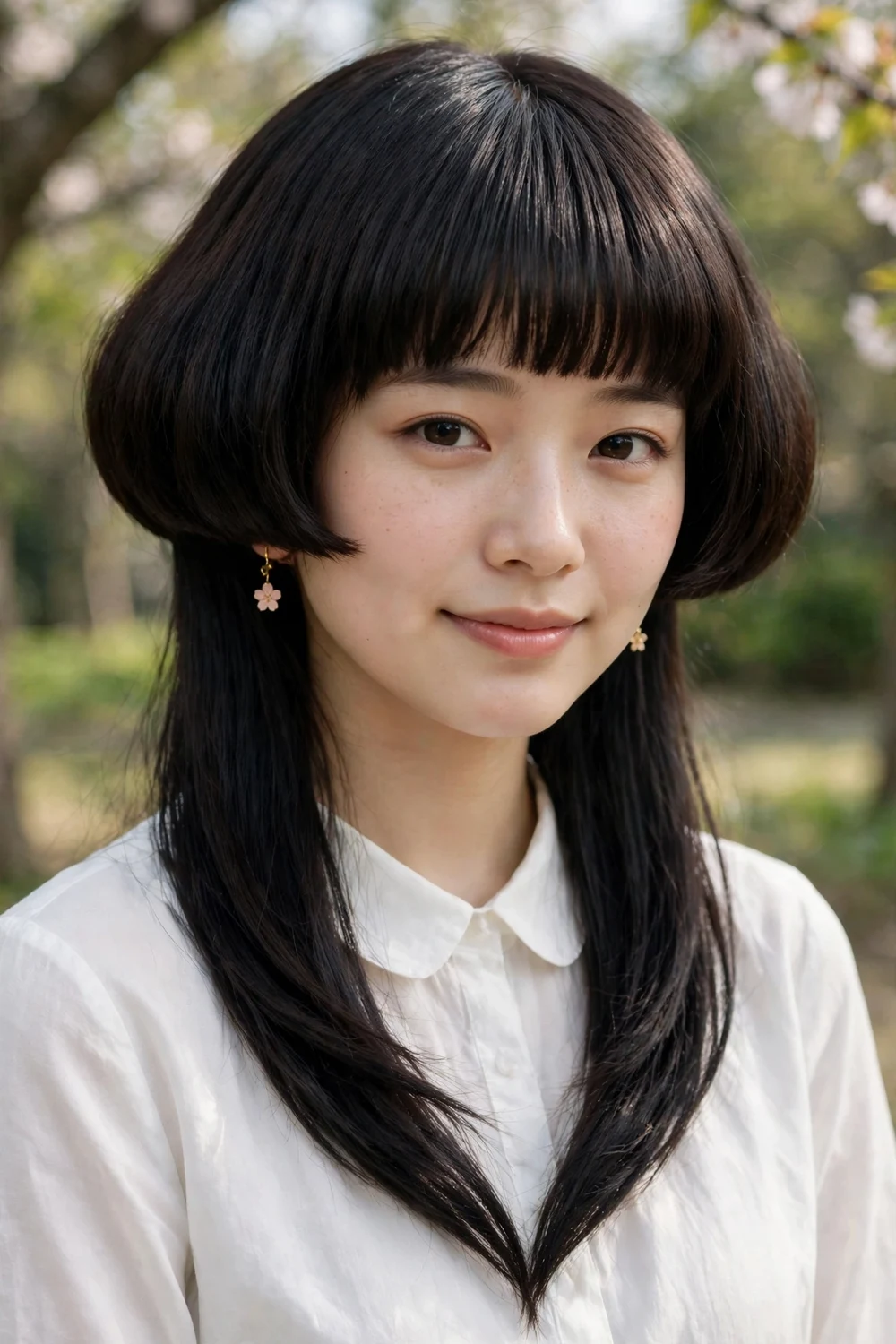 Woman with a hime-inspired jellyfish haircut with V-cut longer layer