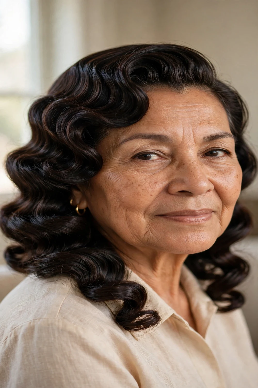 Woman over 60 with Hollywood curls