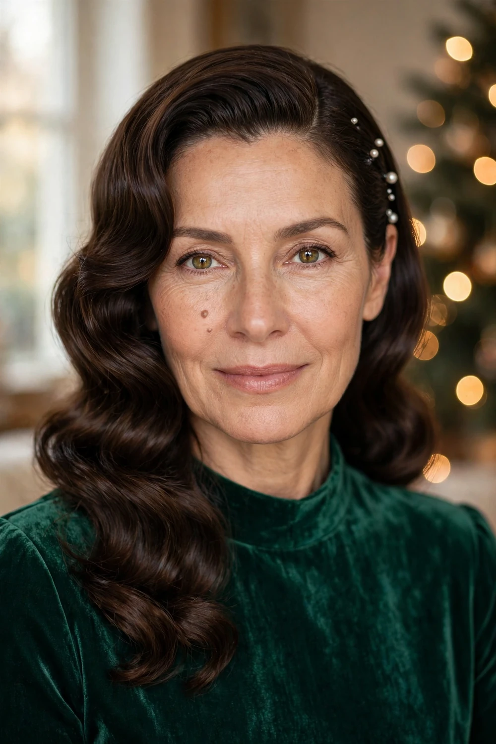 Woman with polished Hollywood glam waves, deep side part and pearl pins