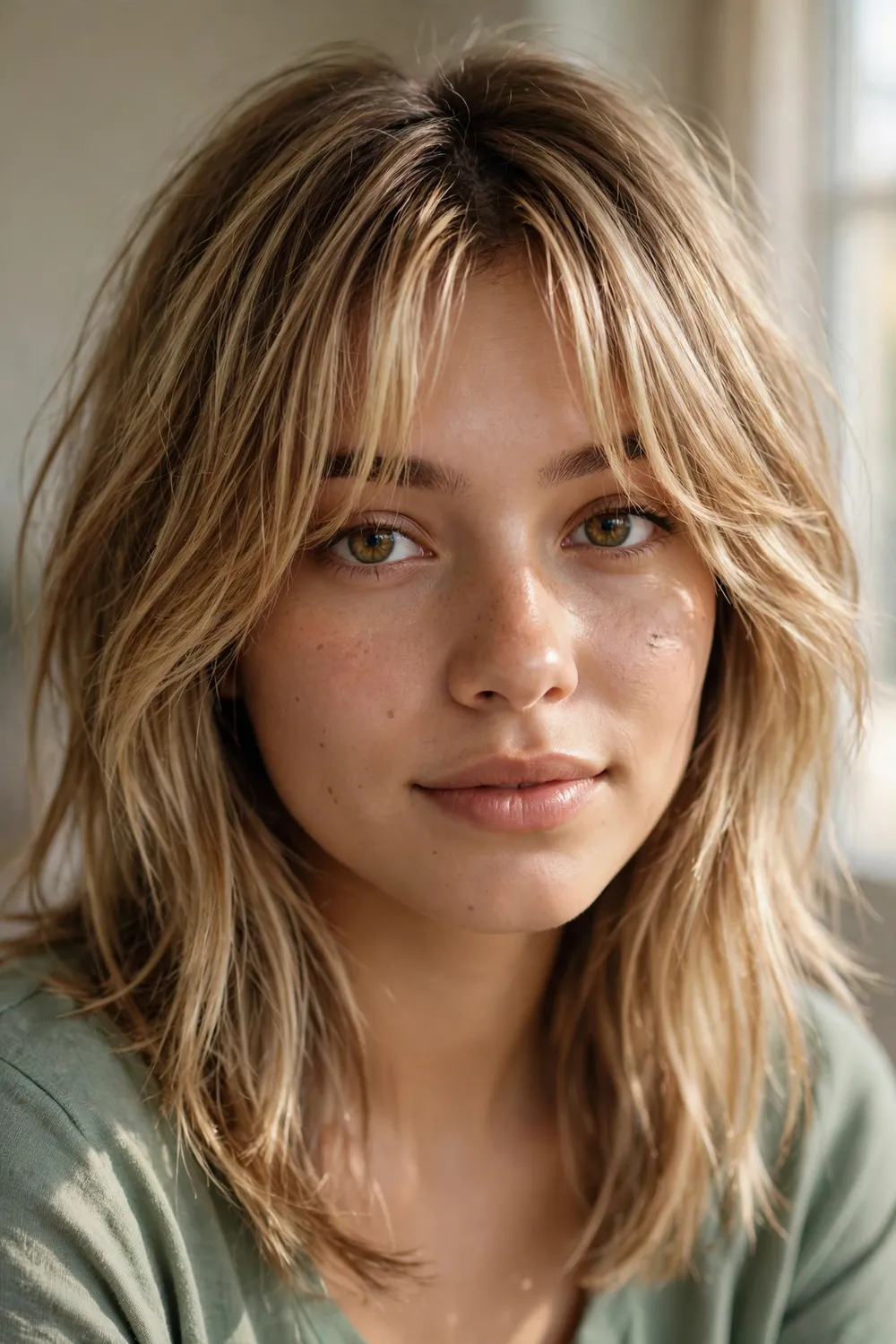 Shoulder-length shag with honey blonde balayage and light curtain bangs