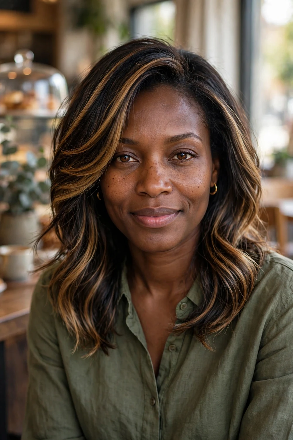 Woman with honey balayage through layered hair