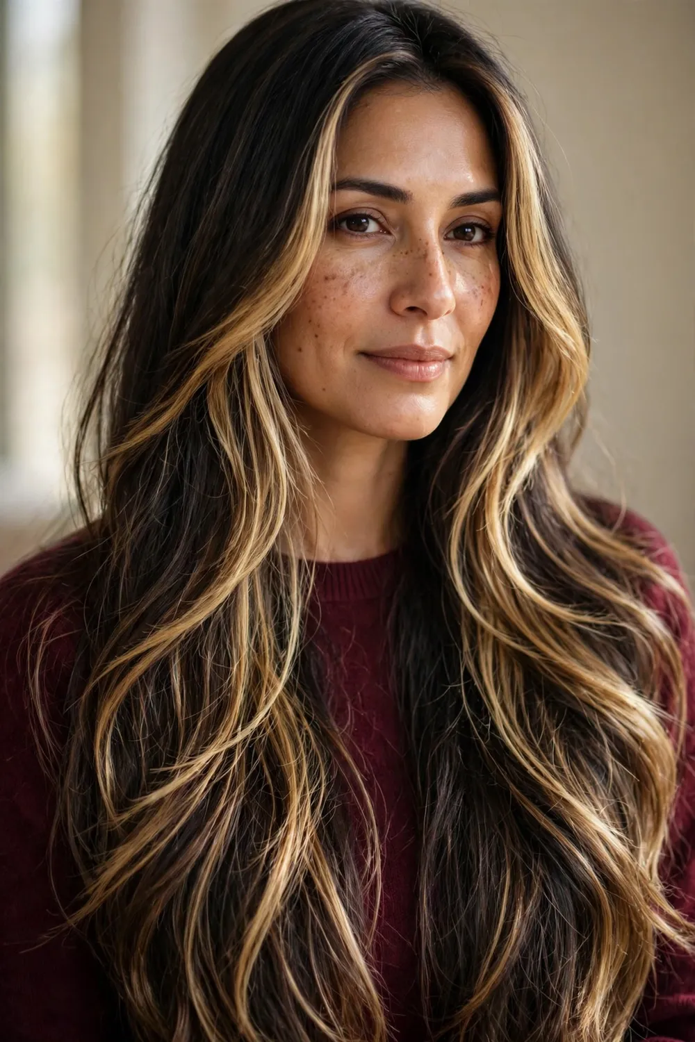Long dark layered hair with honey blonde balayage framing the face