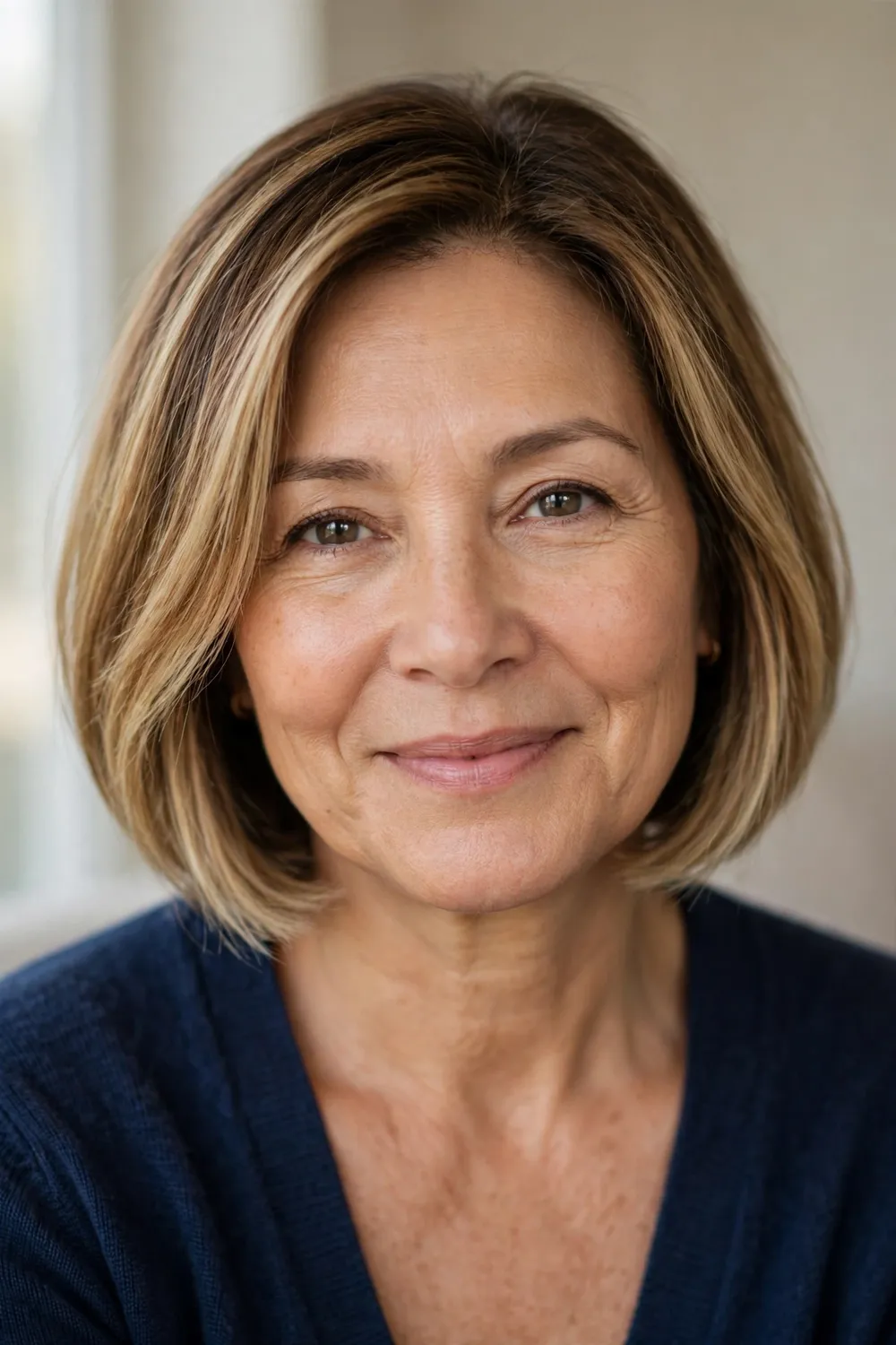 Chin-length bob with honey blonde balayage concentrated through the ends