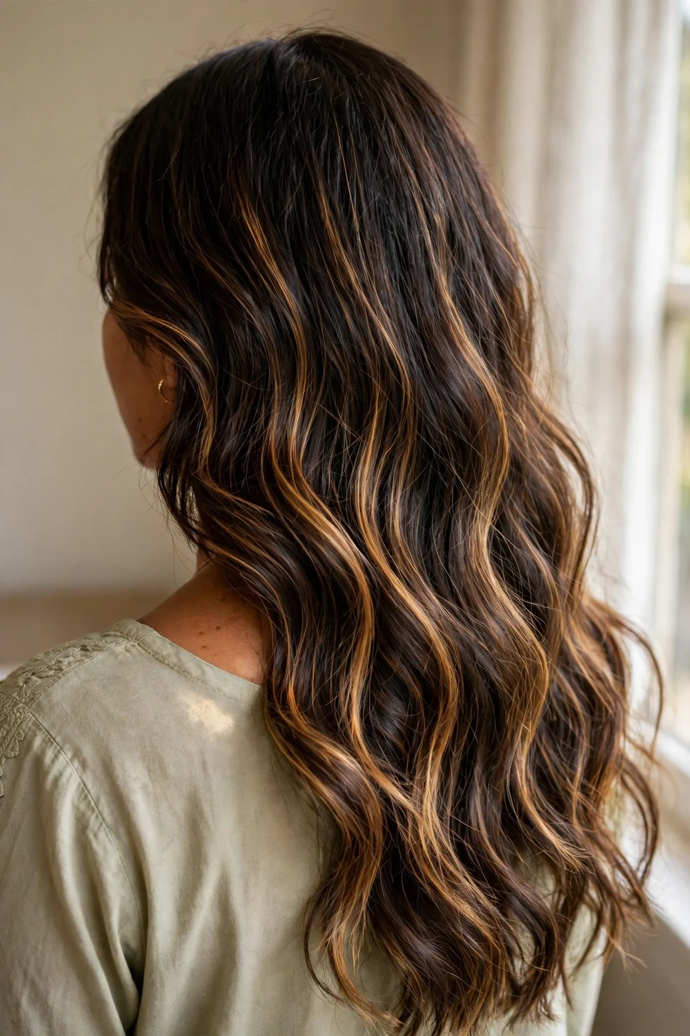 Back view of dark brown wavy hair with honey balayage highlights