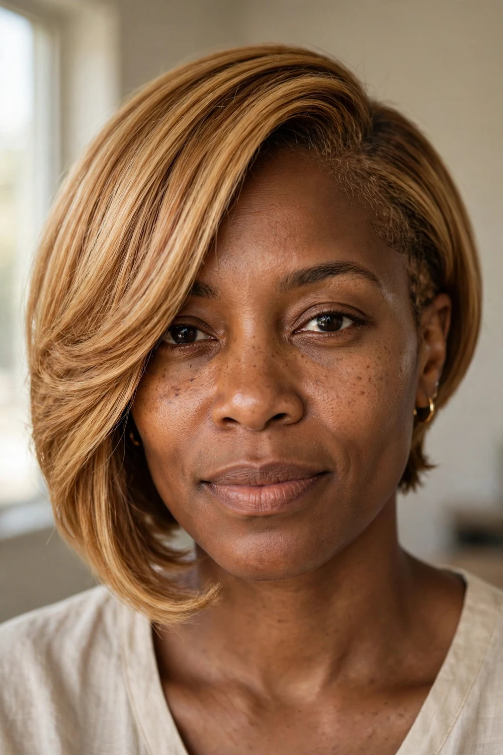 Black woman with honey blonde asymmetrical bob, warm golden tones on an angled cut
