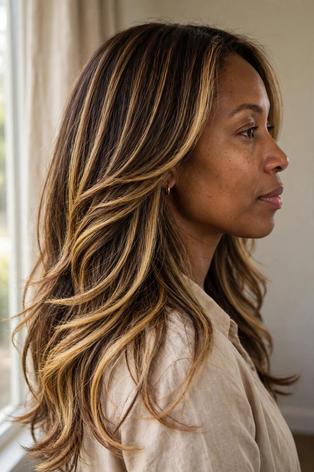 Woman with honey blonde balayage on brown hair, warm golden pieces around the face and ends