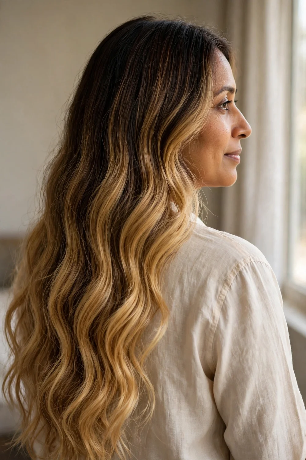 Woman with honey blonde balayage ombre on very long wavy hair