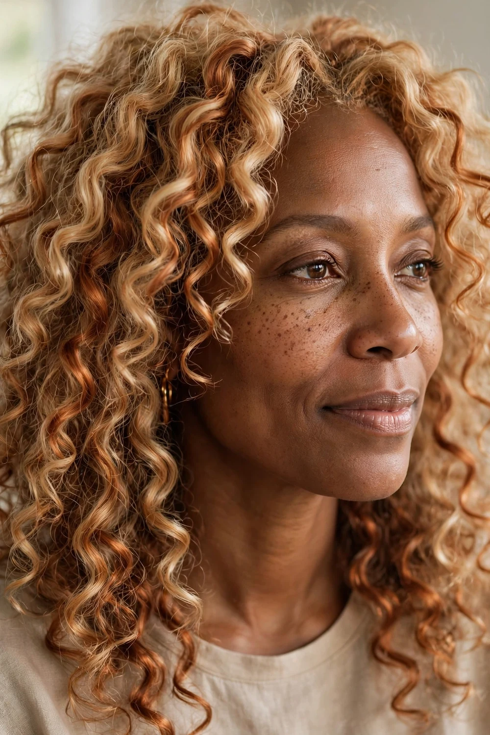 Golden honey blonde soft curls with warm copper glow woven through