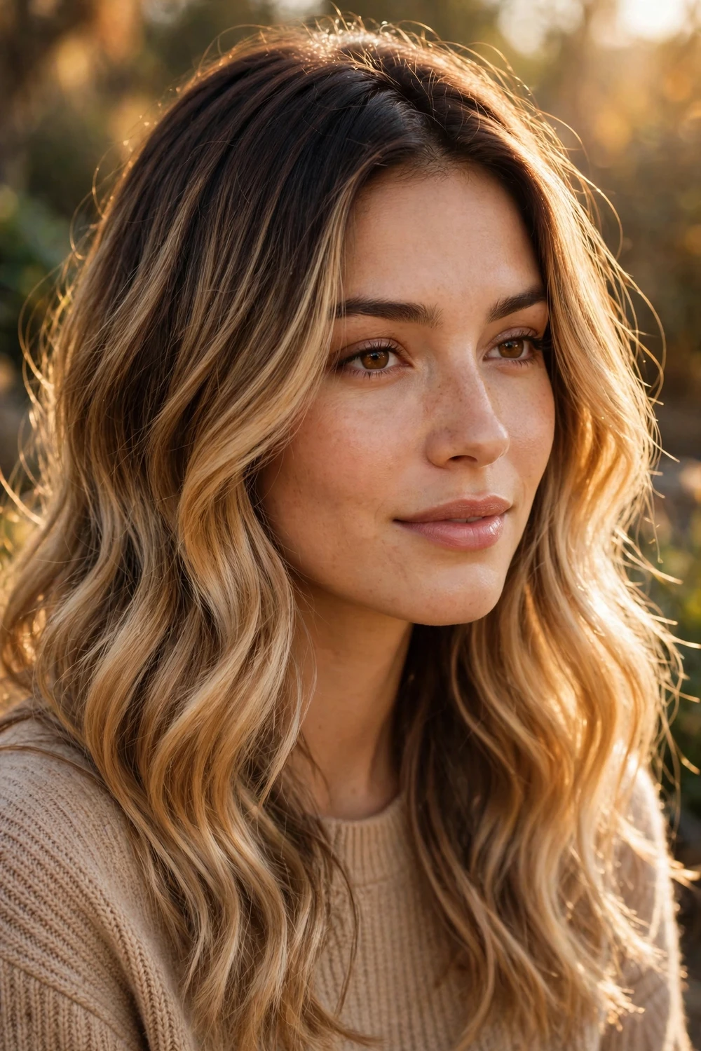 Warm honey blonde waves melting from dark chocolate roots