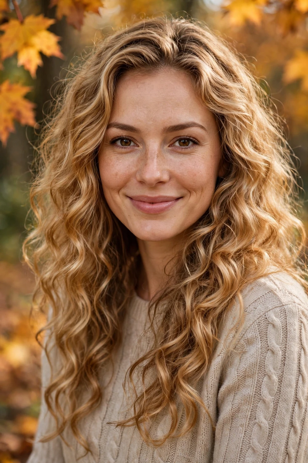 Woman with honey blonde fall hair color