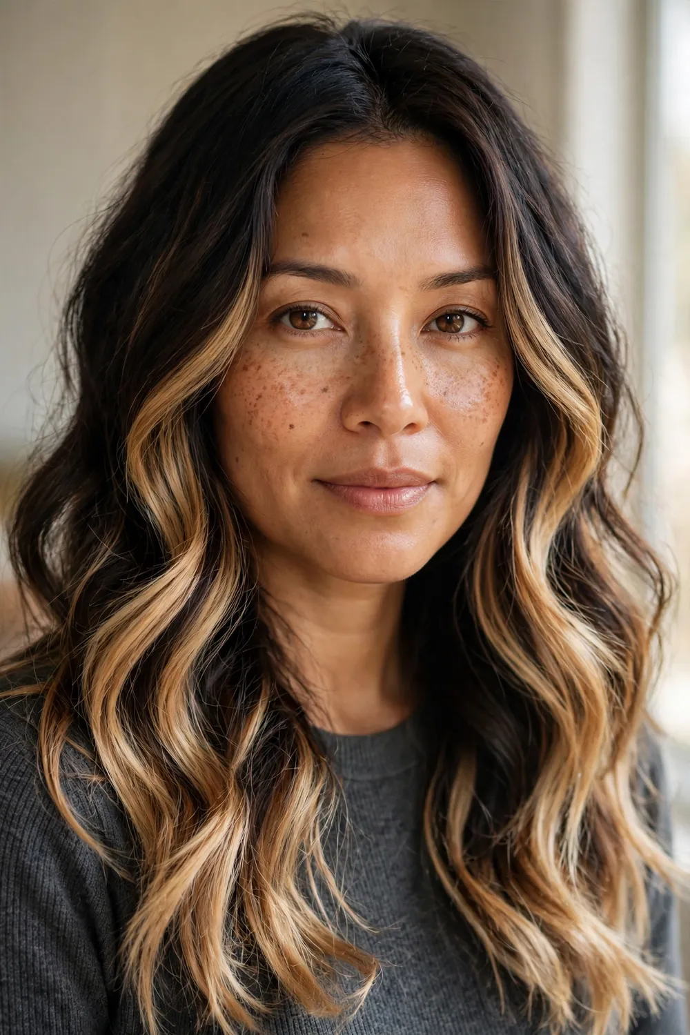 Bold wide panels of honey blonde balayage painted through dark hair