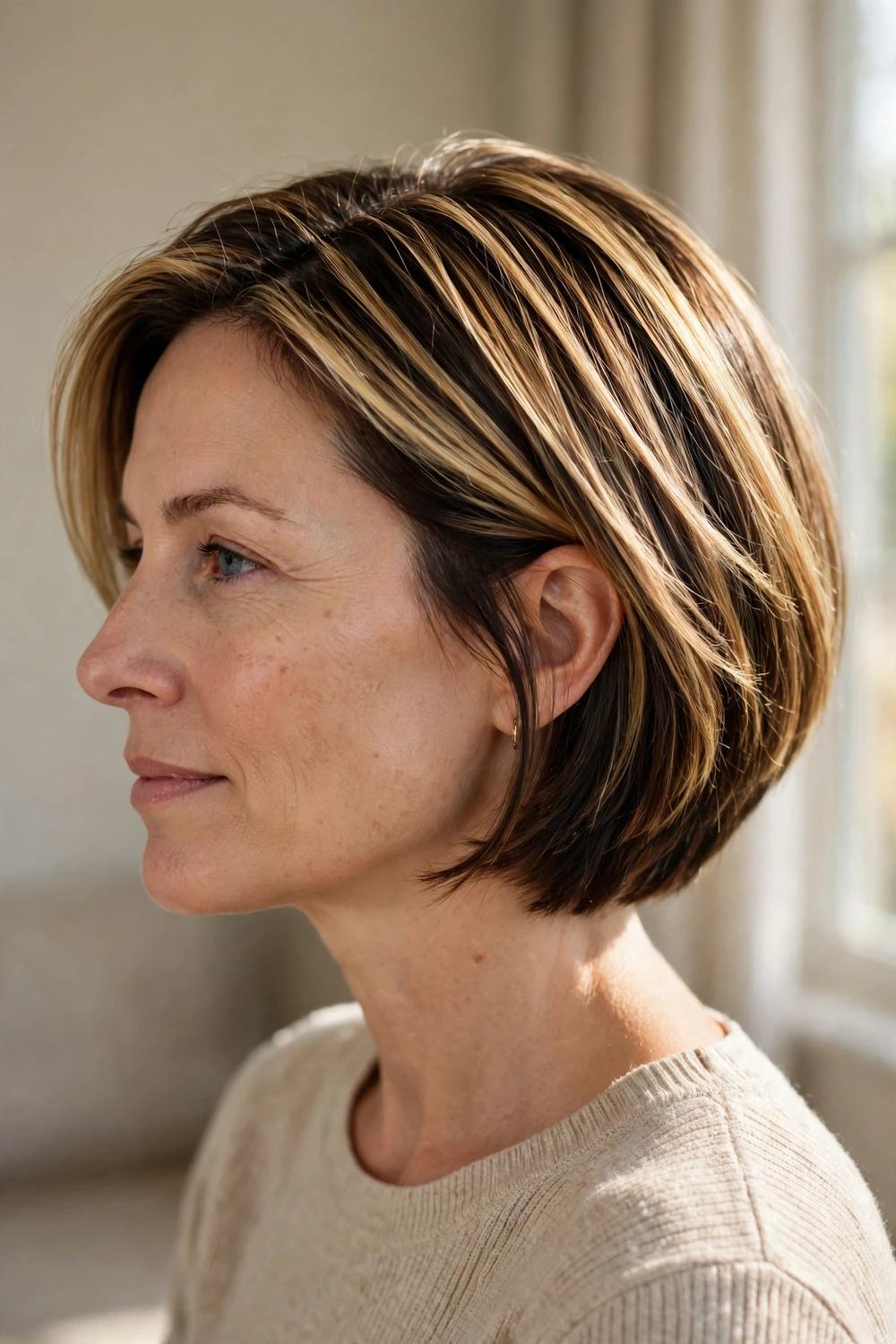 Short straight bob with honey blonde balayage swept over dark brunette base
