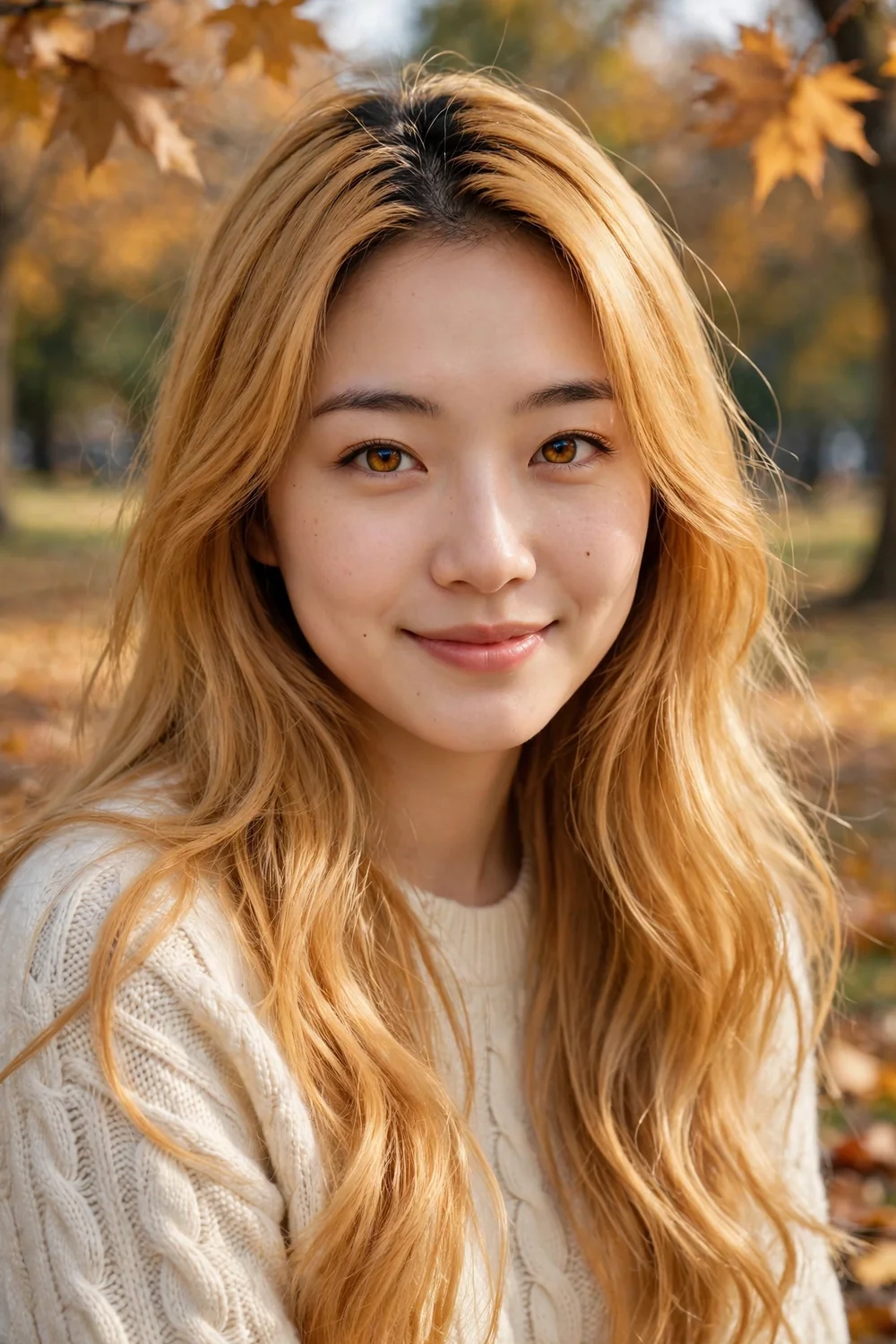 Honey blonde hair with warm golden fall tones on long wavy hair