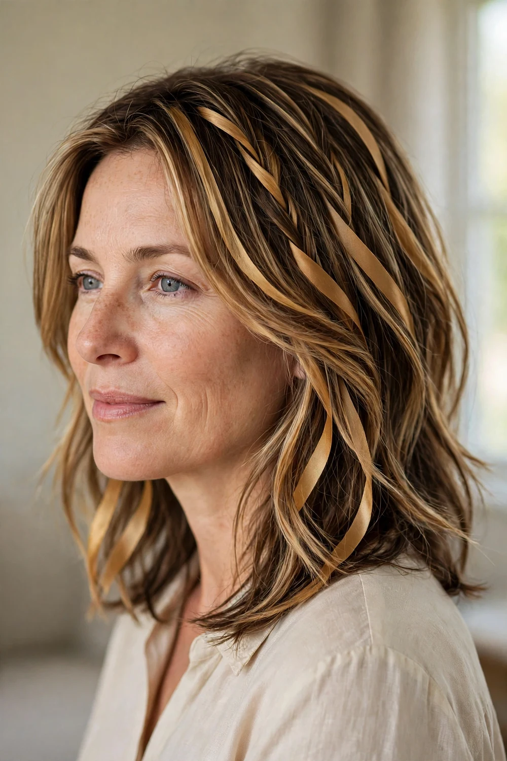 Honey bronde layered hair with golden ribbons woven through a brunette base