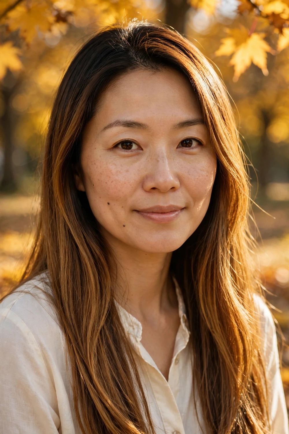 Woman with honey bronze fall hair color