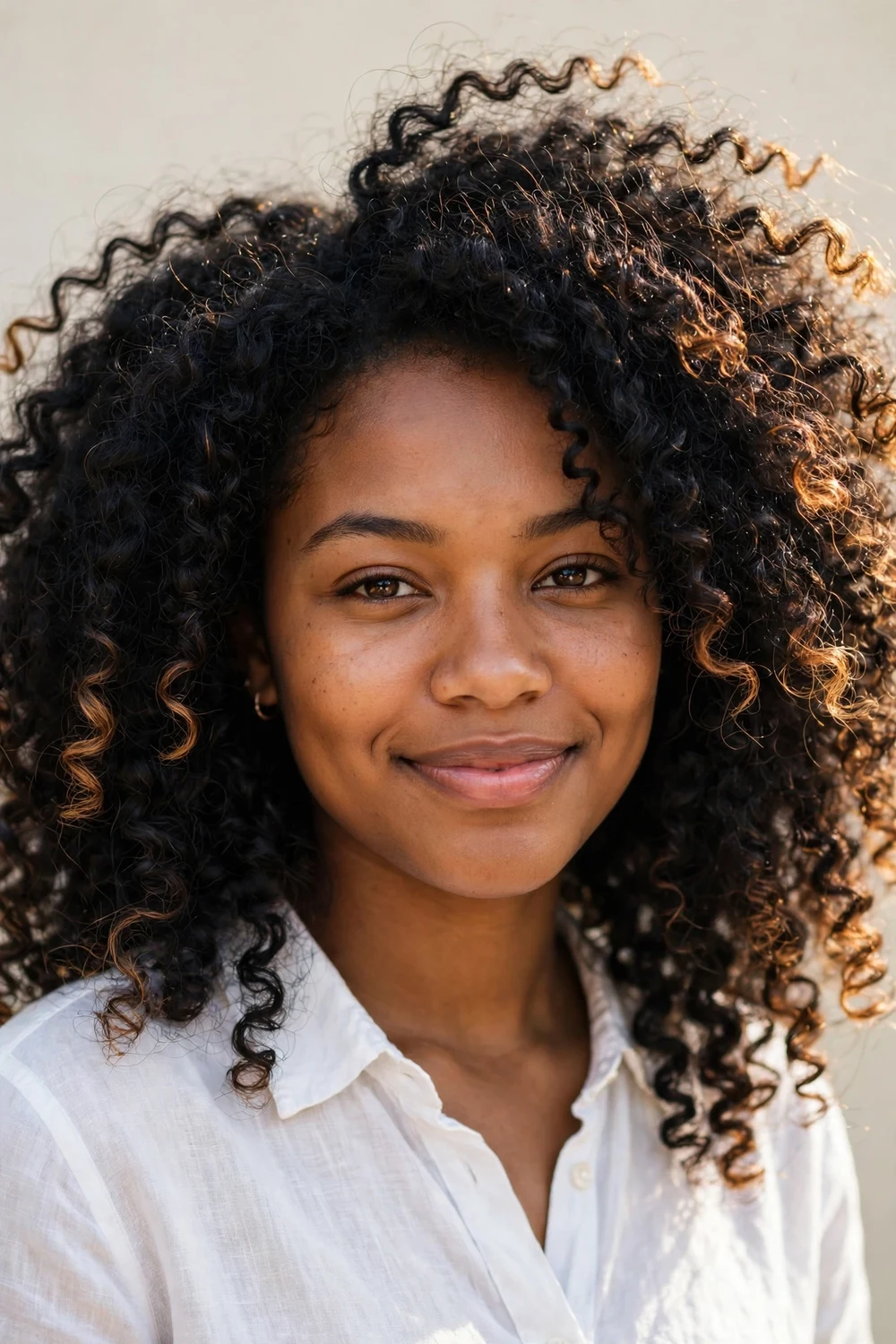 Black woman with voluminous black curls lit by honey-brown highlights on the curl ends