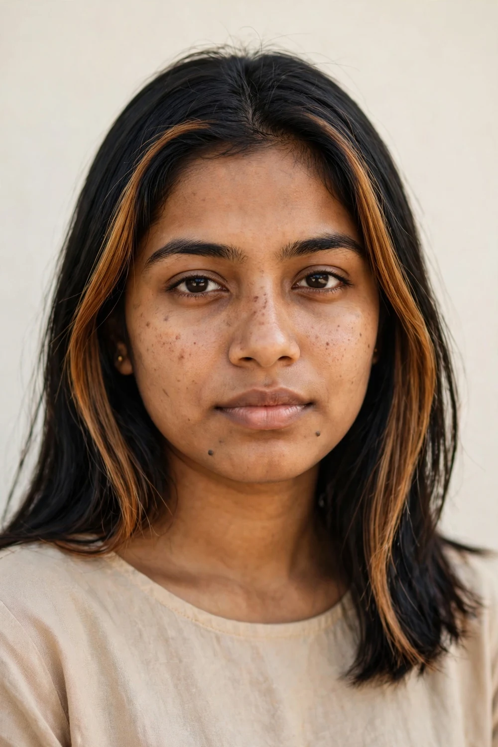South Asian woman with straight black hair and honey-brown money-piece highlights framing her face