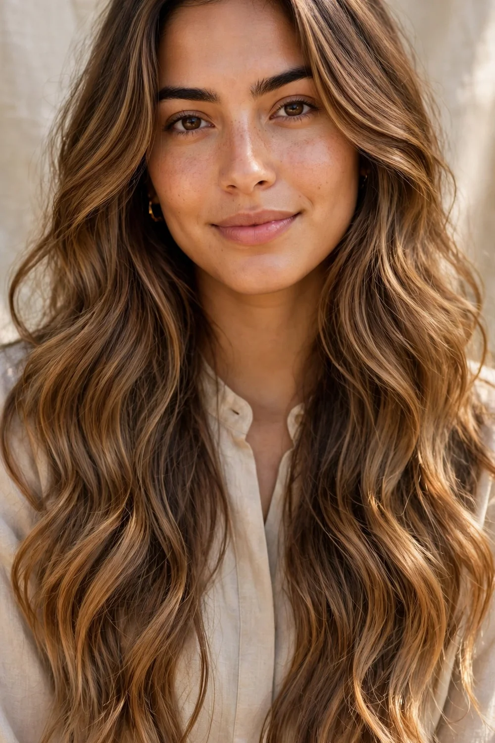 Woman with a honey brown sombre gradient on long wavy brown hair, natural daylight