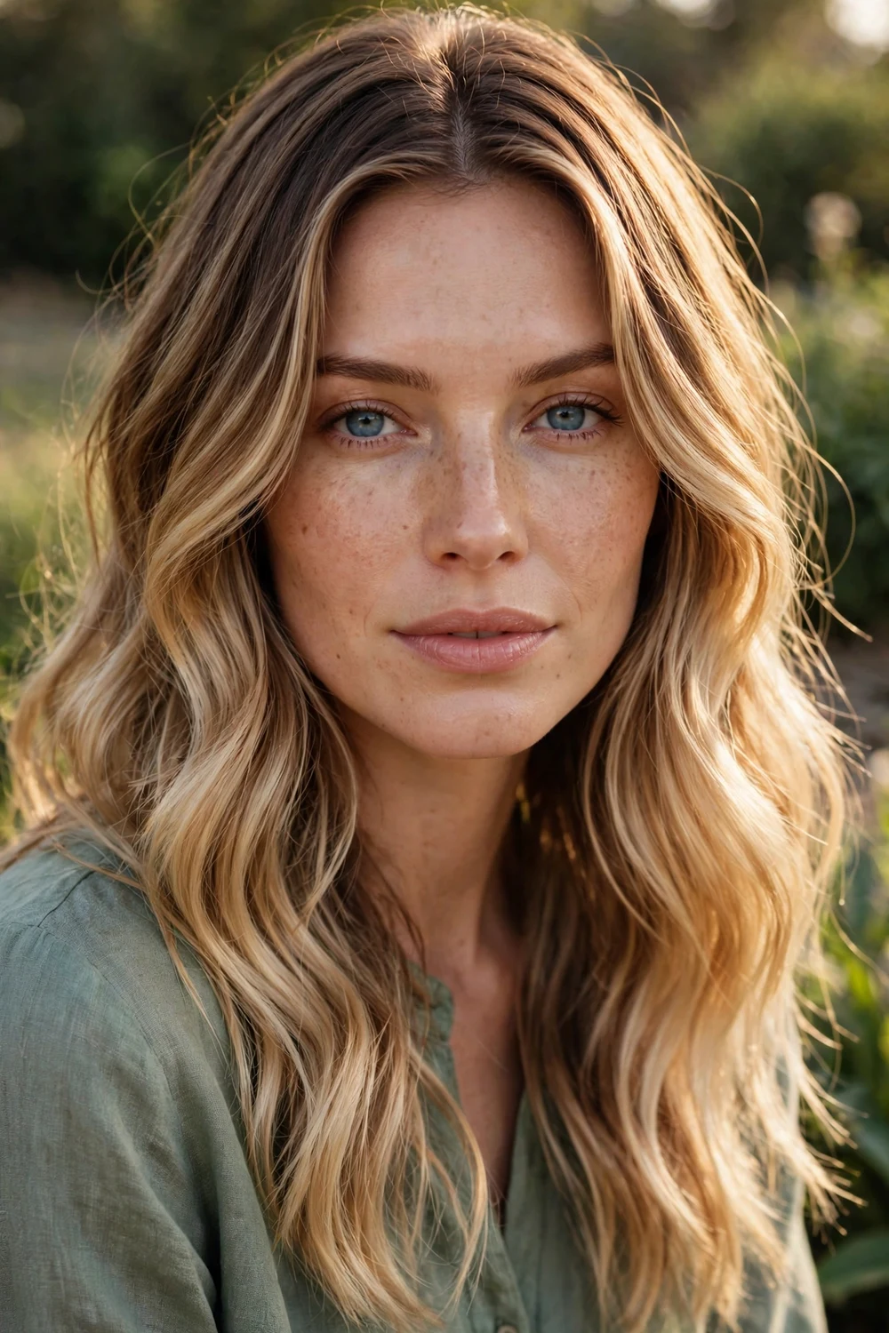 Woman with honey roots cascading into buttery blonde balayage ends