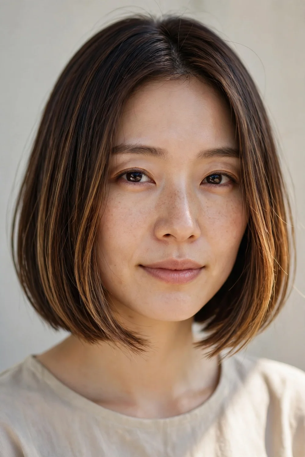 Woman with a chin-length bob, deep brown base with fine honey-caramel sliced highlights, natural daylight
