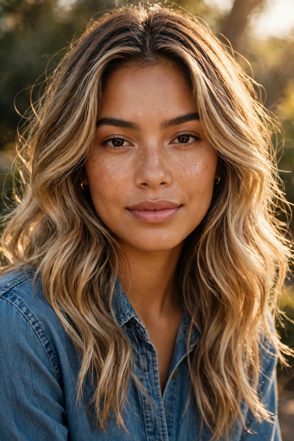 Woman with honey-dipped bronde balayage from toasted beige to buttery ends
