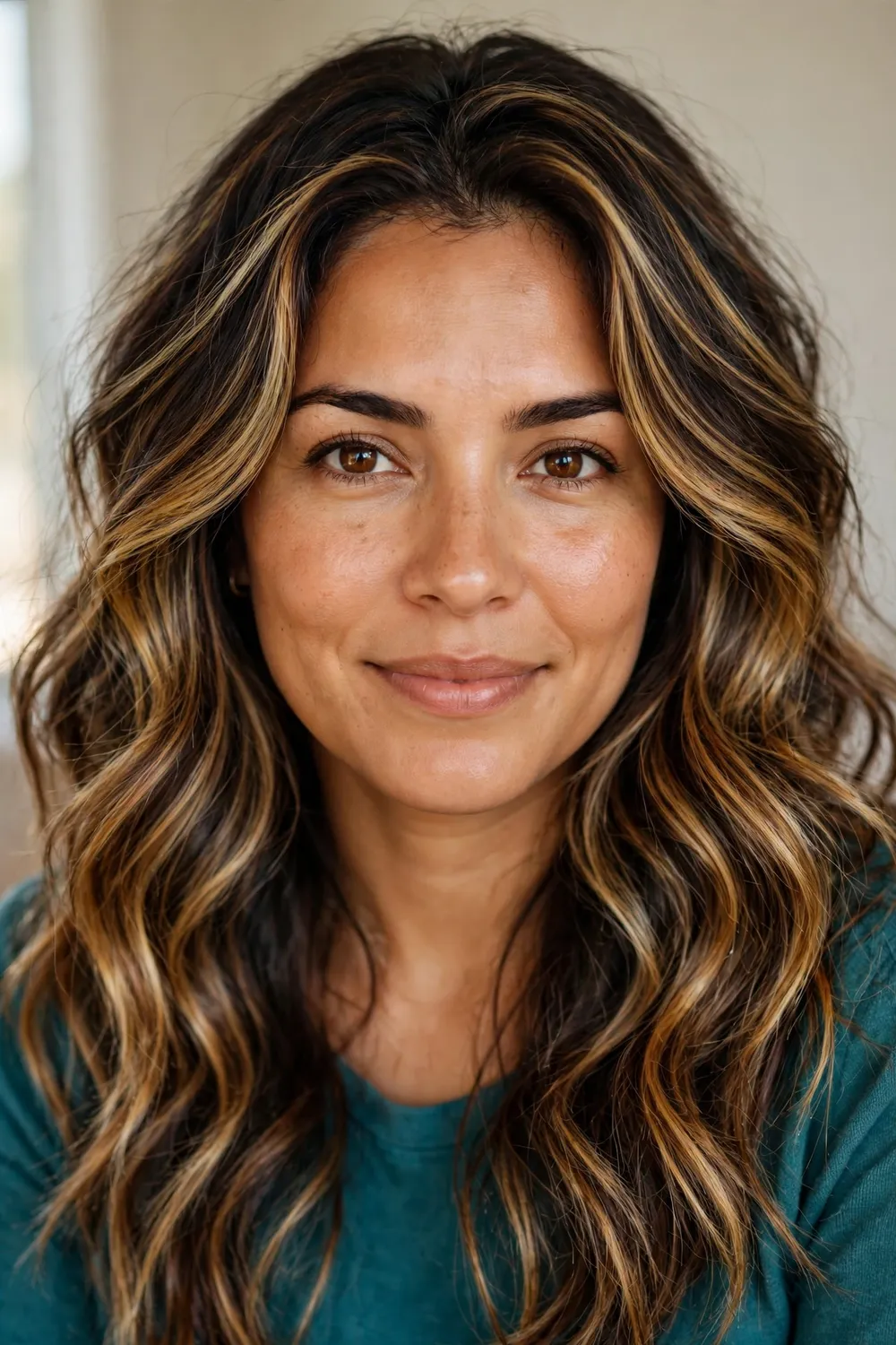Multi-tonal honey blonde balayage with honeycomb-like dimension in warm golden shades