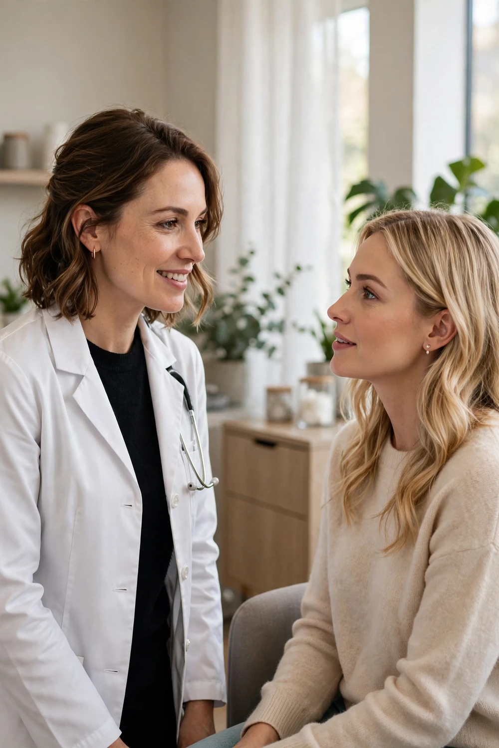 Dermatologist consulting a patient about hair growth concerns in a clinic