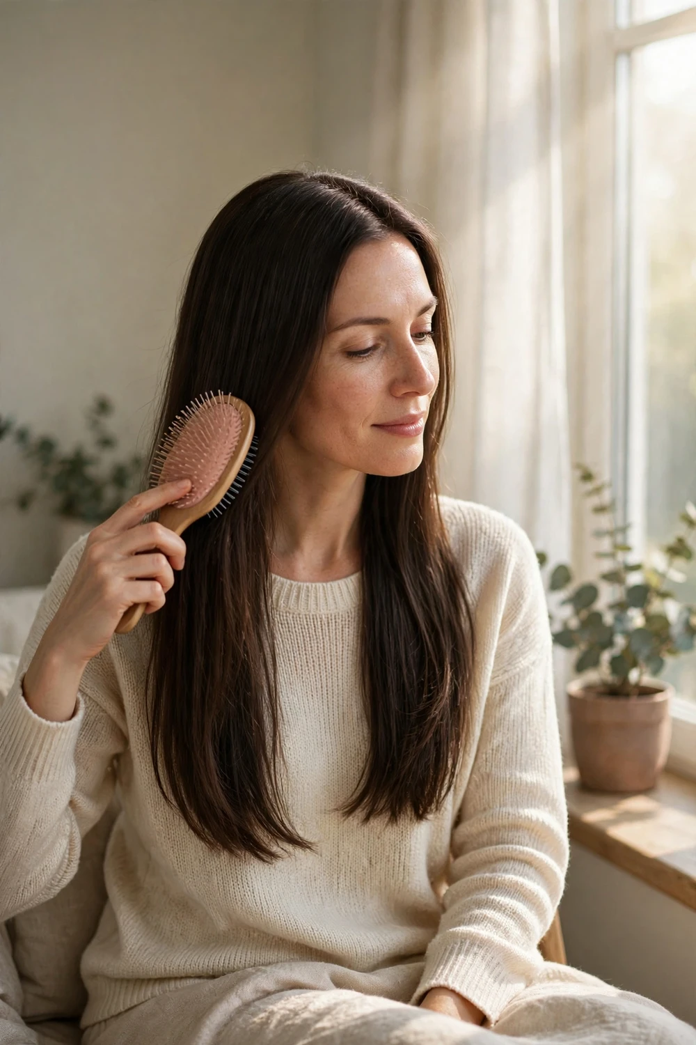 Woman gently brushing her long hair to prevent breakage