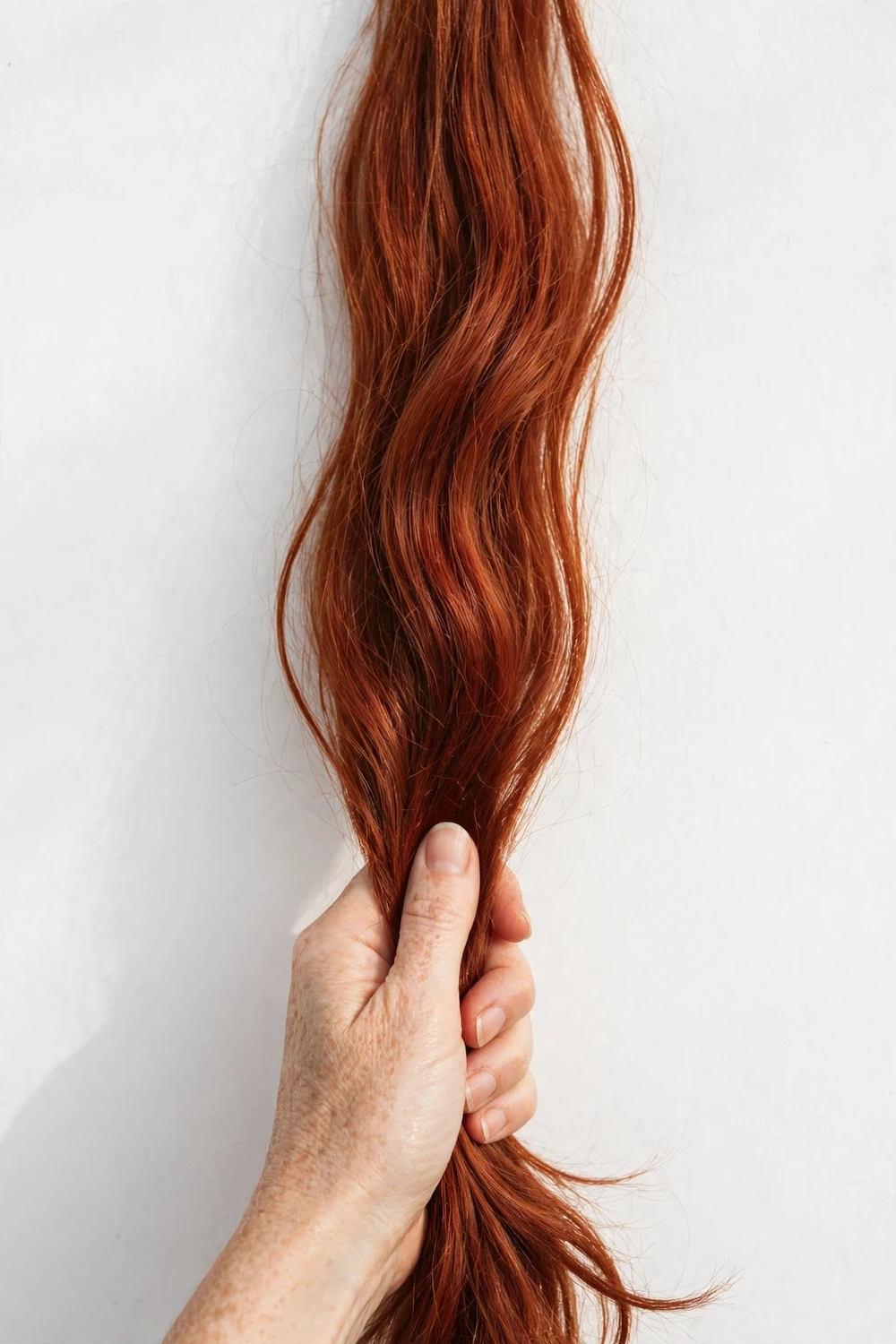 Woman holding a section of her long hair to show its length