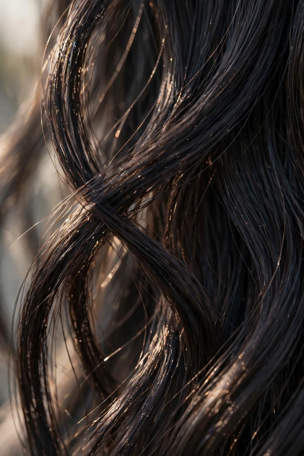 Close-up of healthy shiny hair strands showing strong hair structure