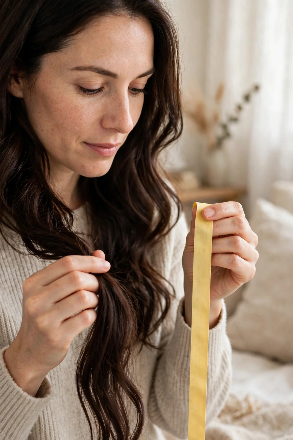 Woman measuring her long hair with a tape to track how fast her hair grows