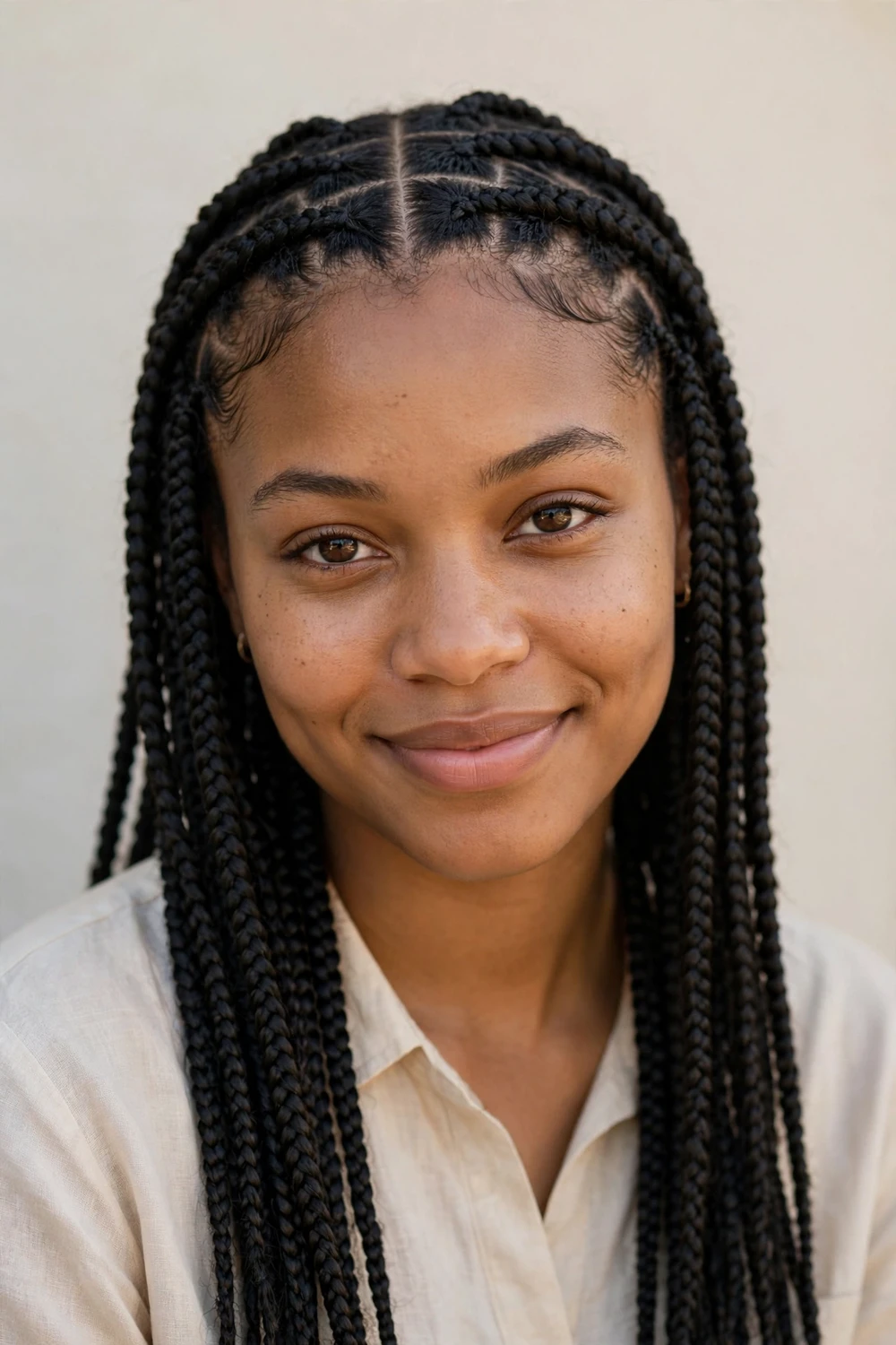 Woman with neat protective braids that shield fragile ends and help keep hair length