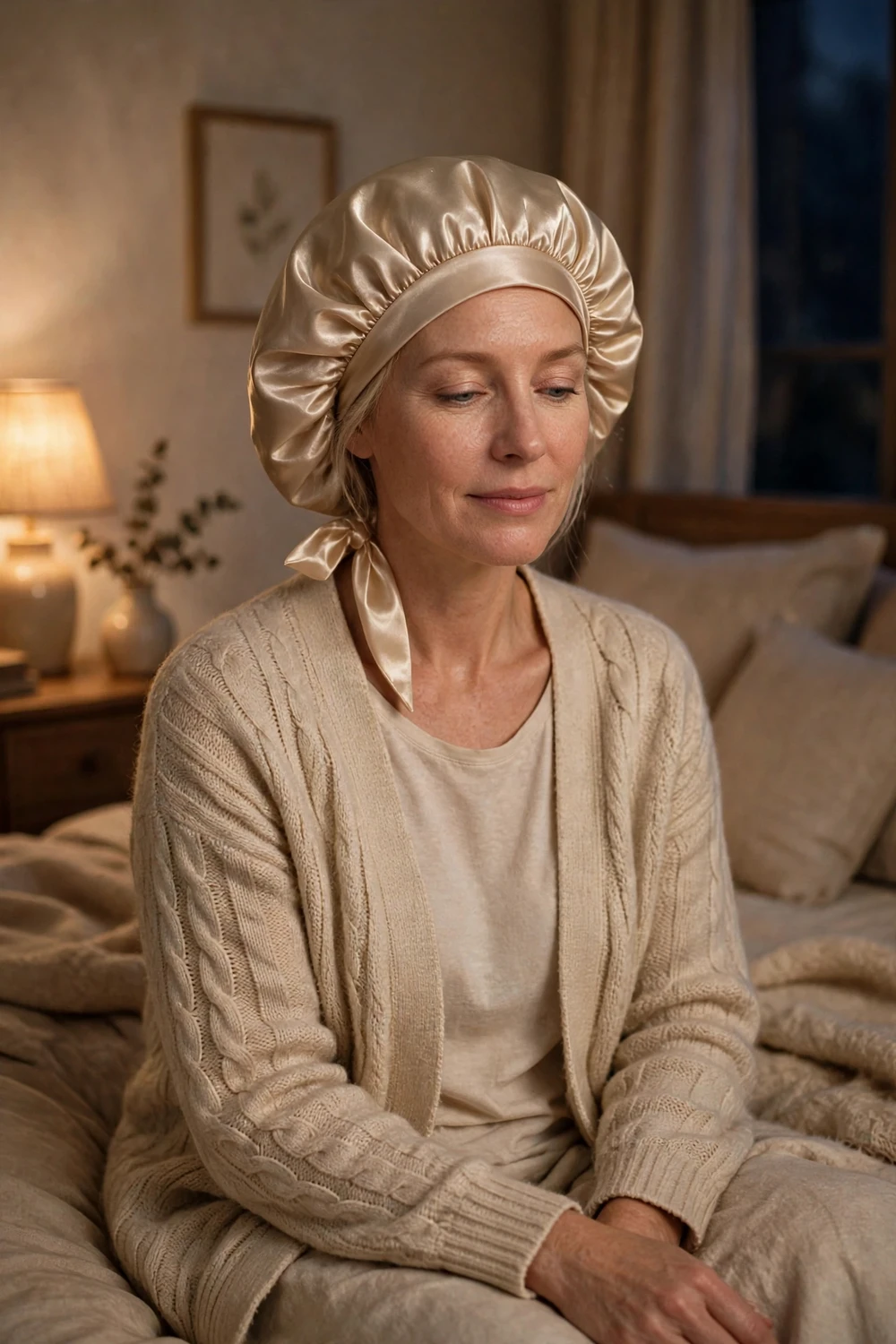 Woman wearing a satin bonnet at night to protect her hair while sleeping