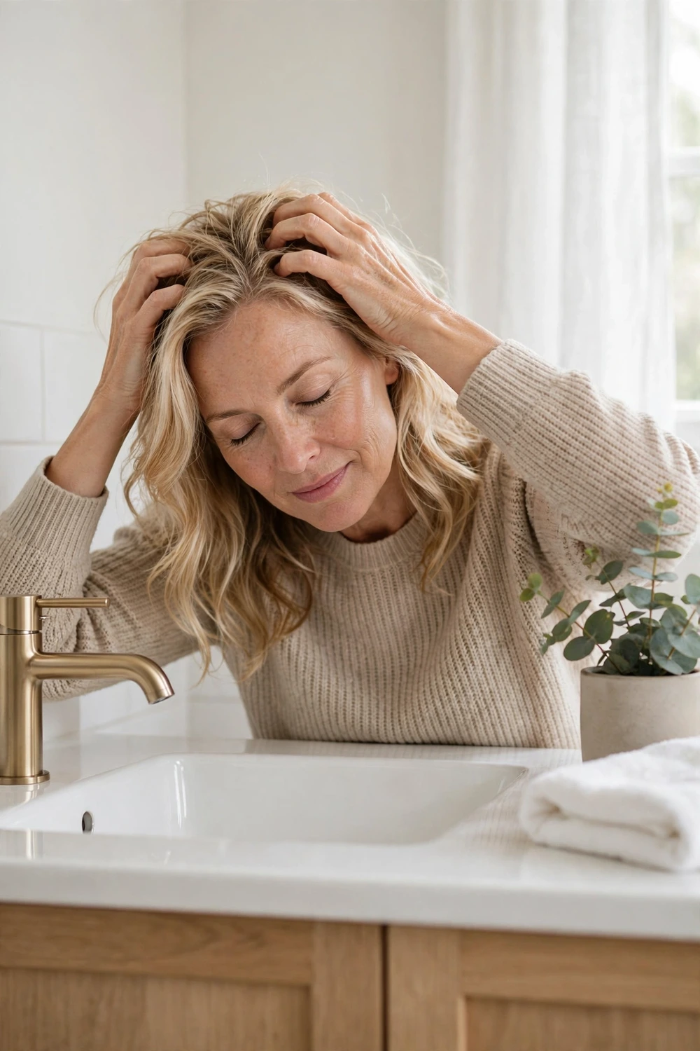 Woman massaging her scalp to support healthy hair growth