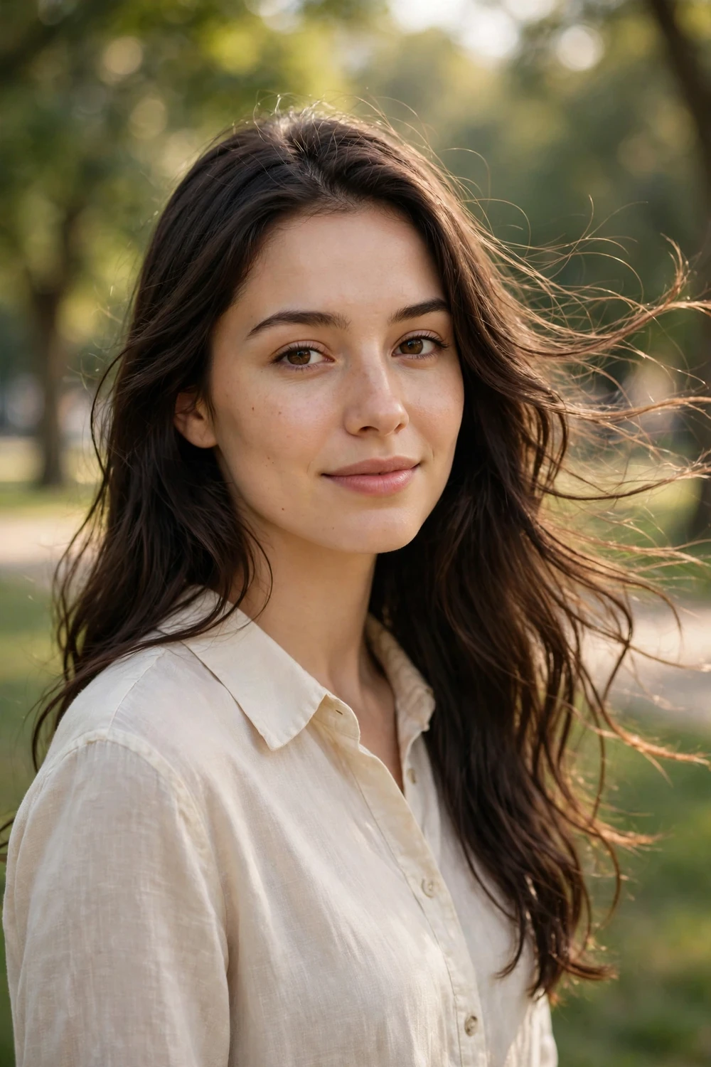 Woman with long healthy hair outdoors in warm sunlight