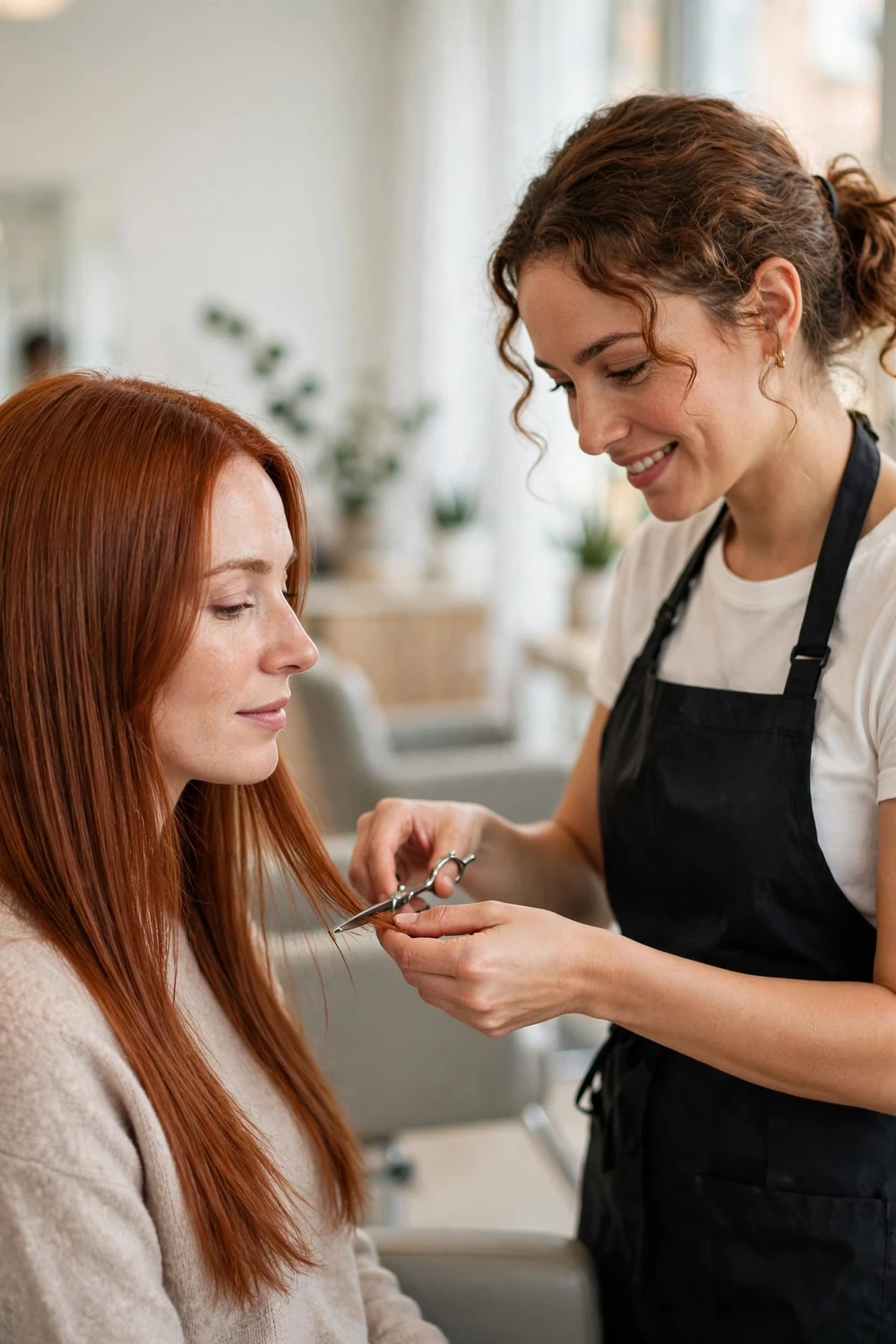 Hairstylist trimming split ends to prevent breakage and keep hair length