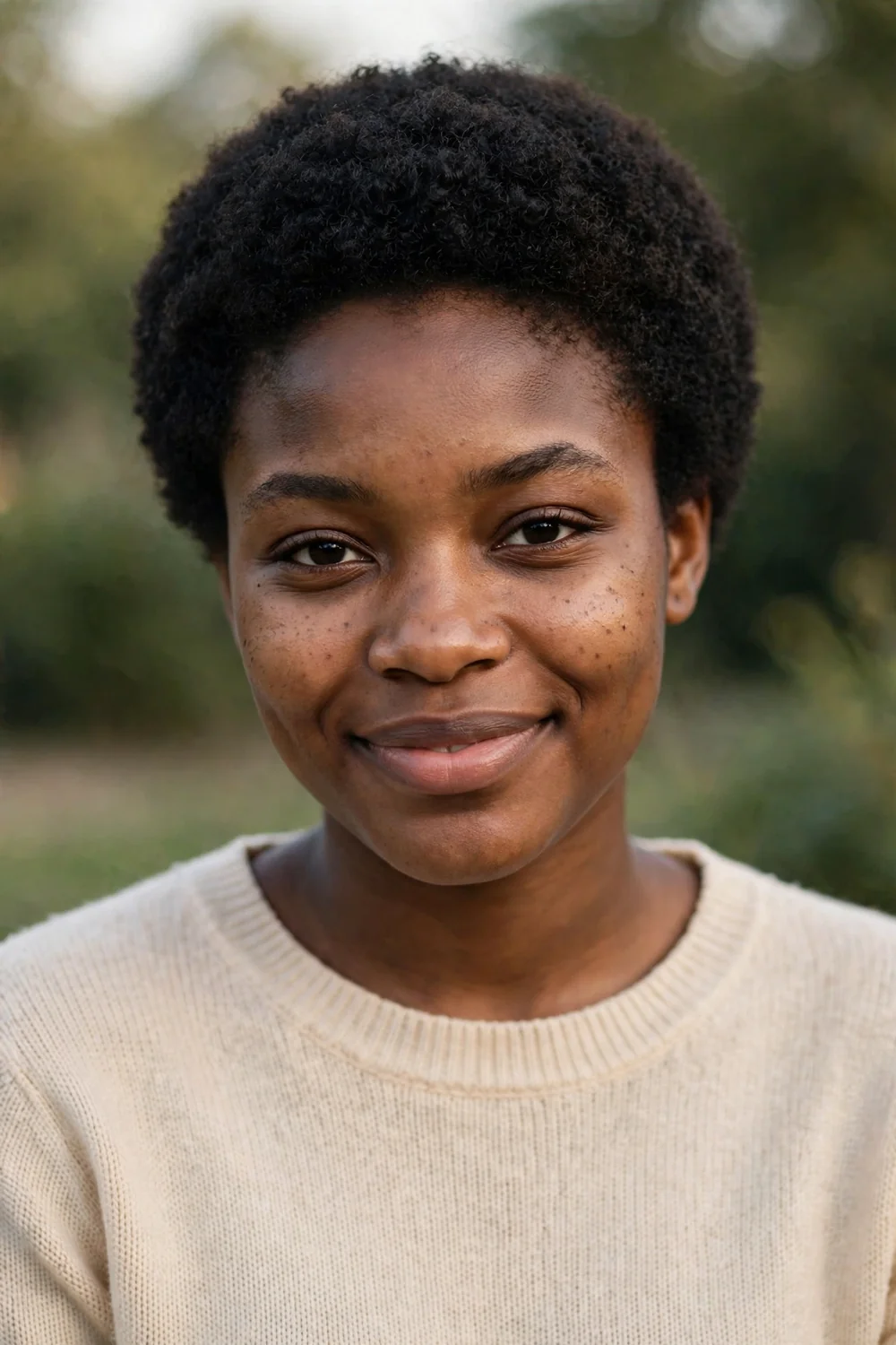 Woman with coily 4c natural hair in a rounded shape