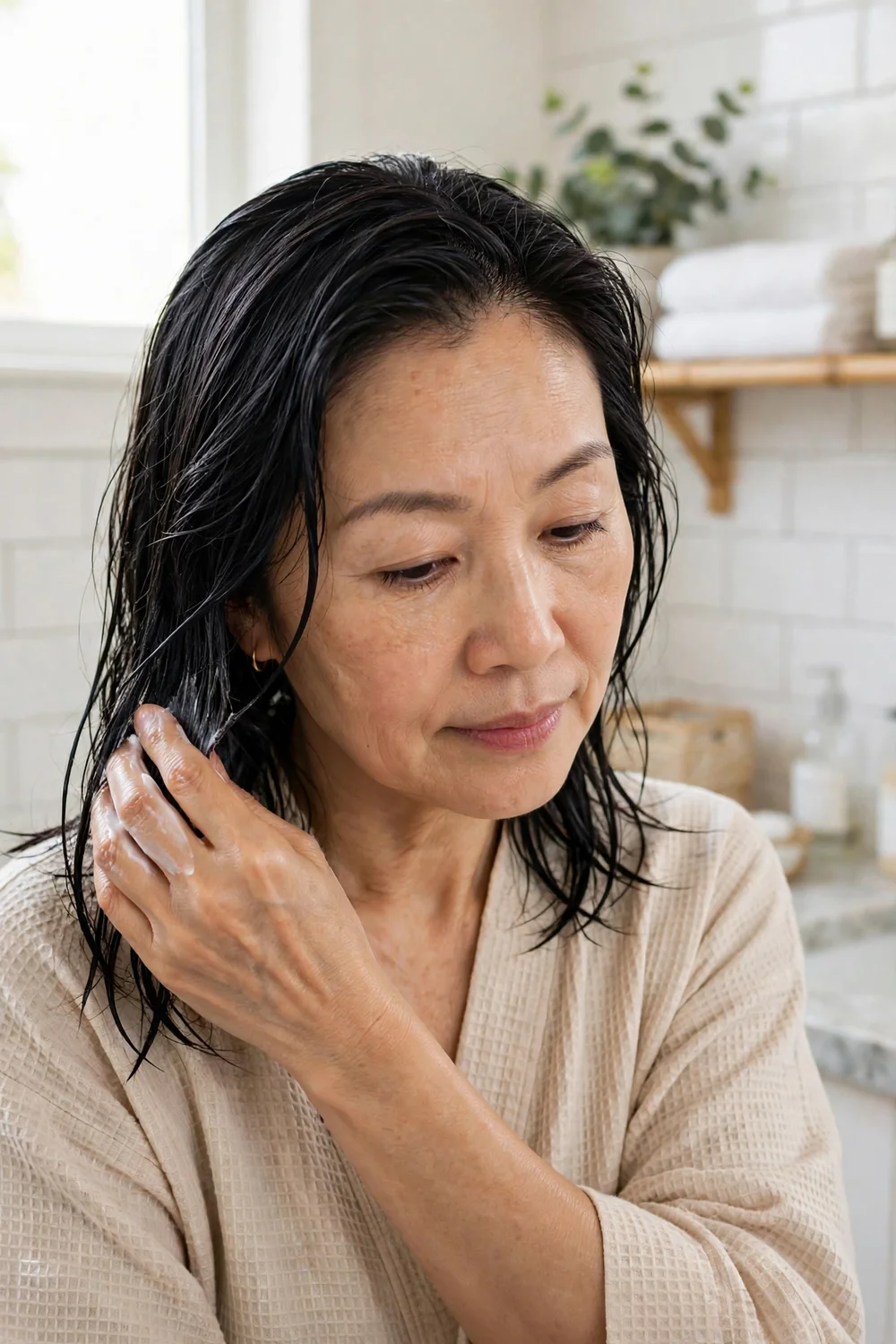 Woman smoothing conditioner through the ends of her damp hair